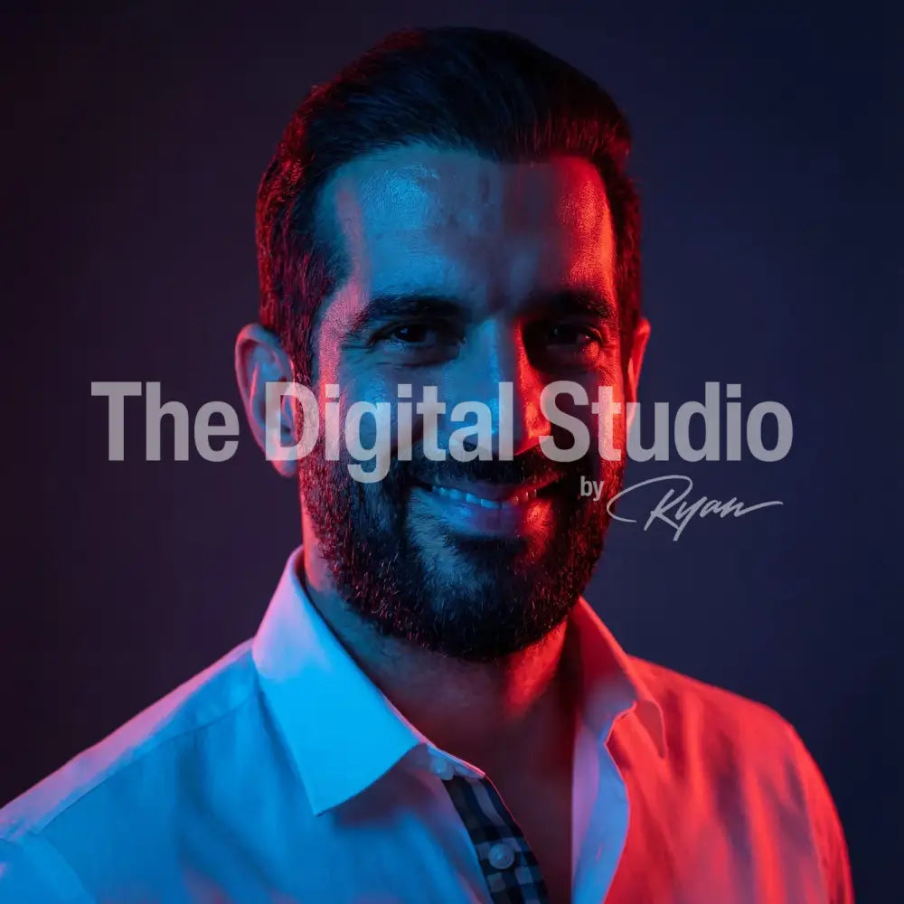 Red–Blue Cinematic Gel Portrait AI Prompt